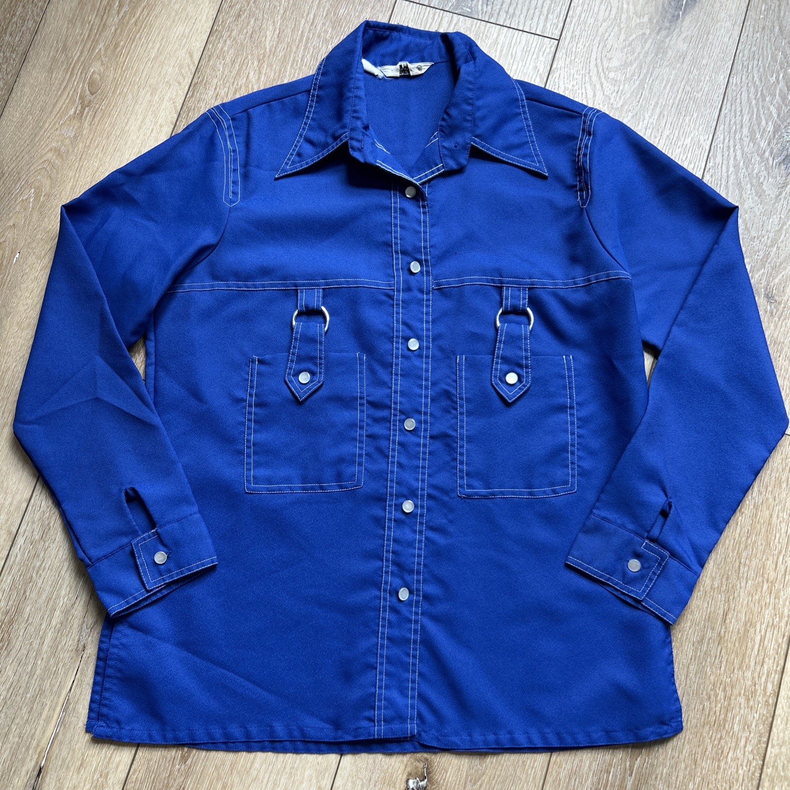 Vintage Miss Holly Long Sleeve Blue Button Shirt Hippie Size 36 Pointed Collar