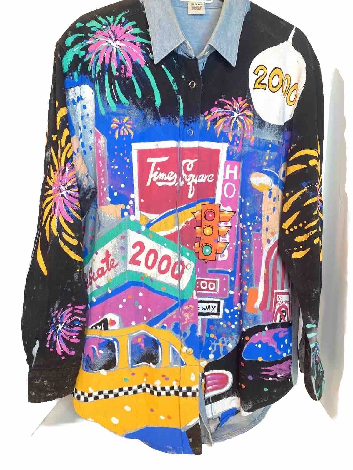 Vintage New York City Times Square Pop Art Painted Denim Shirt, 1980’s Women’s M