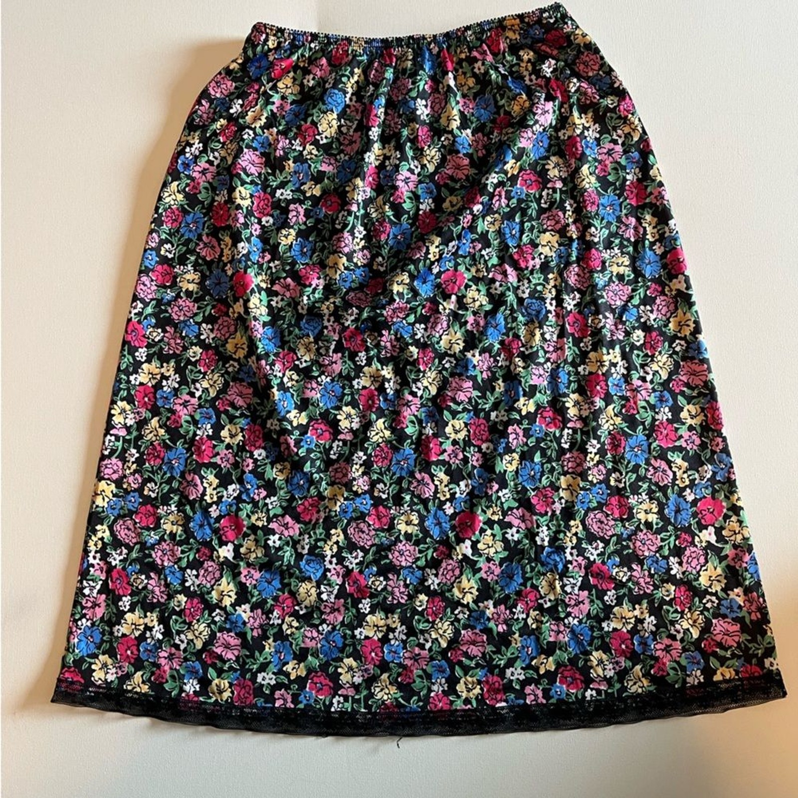 UnBranded Vintage Floral Black Lace Trim Skirt Elastic Waist 80&rsquo;s