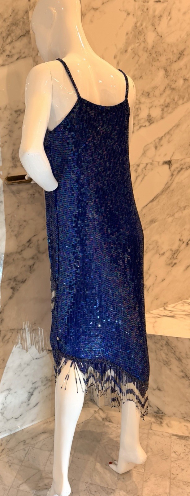 Vintage Laurence Kazar Blue Sequin Beaded Silk Cocktail Dress Fringe Art Deco M