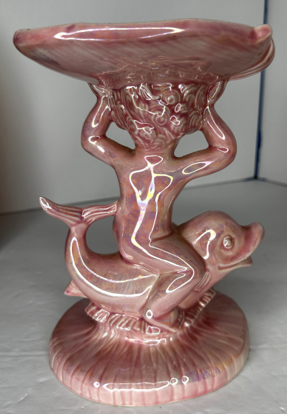 Holland Mold Ceramic Pink Iridescent Cherub on Dolphin Trinket Soap Dish – 1979