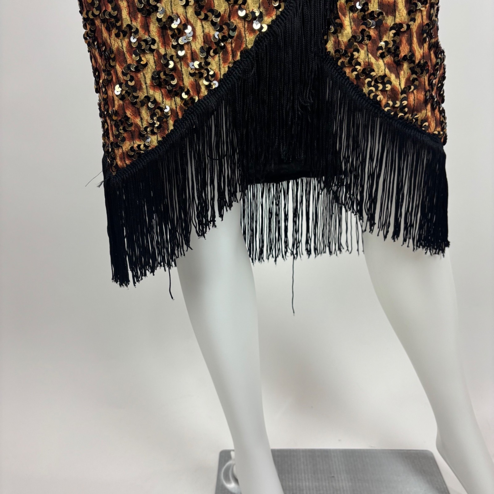 Vintage 90s Flapper Dress Womens Medium Leopard Style Print Sequin Party Fringe