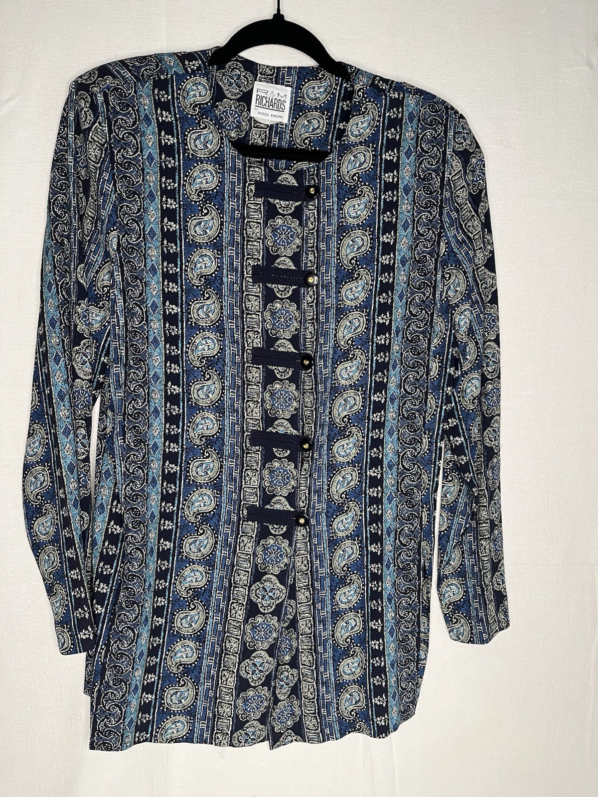 Vtg RM Richards Karen Kwong Size 12 Jacket Asian Blue Paisley Rouleau Loops