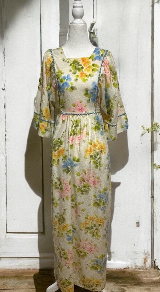 Vtg 70s Prairie Maxi Dress L 32”W Floral Cottagecore Bell Sleeve Garden Party