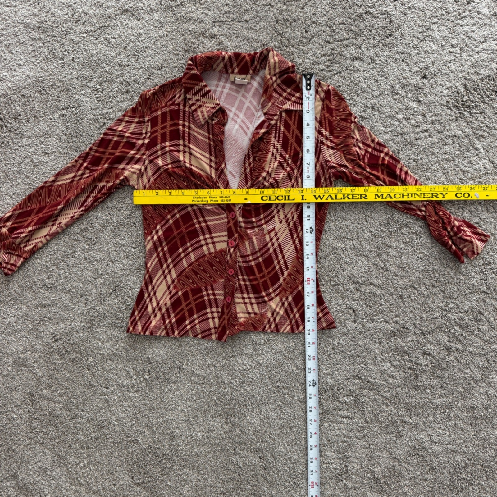 Vintage 90s Y2K Abstract Button Blouse Small Burgundy 70s Style Disco Stretch