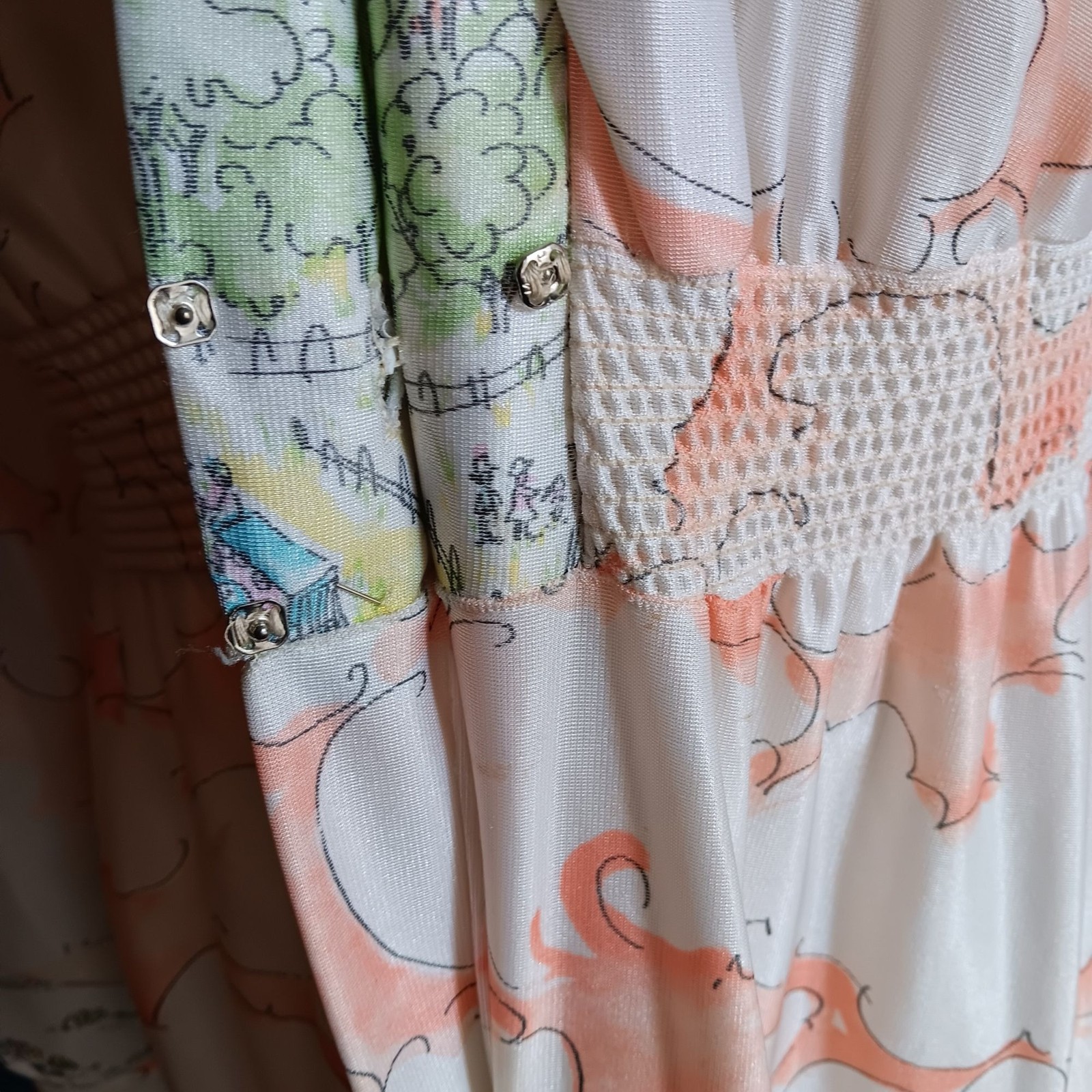True Vintage Boho Large Maxi Dress Disco Pastel Scenic Print 1970&rsquo;s Sears 38-40