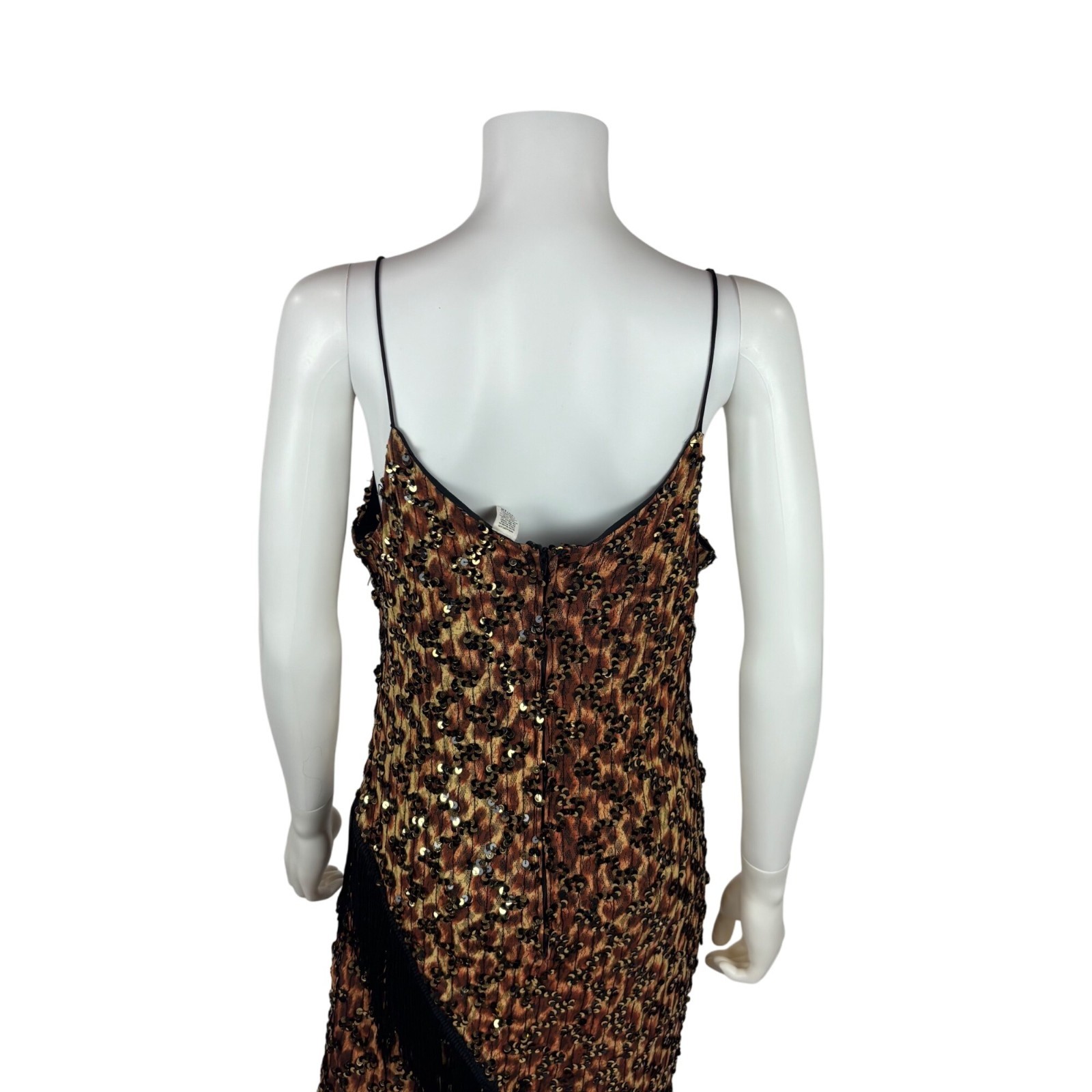 Vintage 90s Flapper Dress Womens Medium Leopard Style Print Sequin Party Fringe