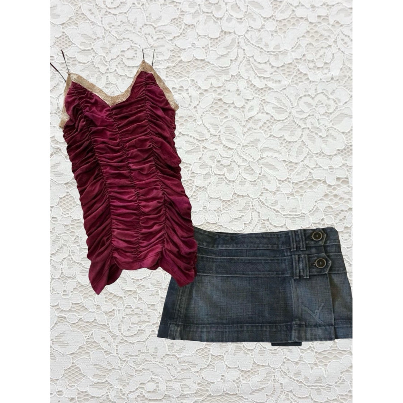 vintage burgundy ruched tank top with lace trim