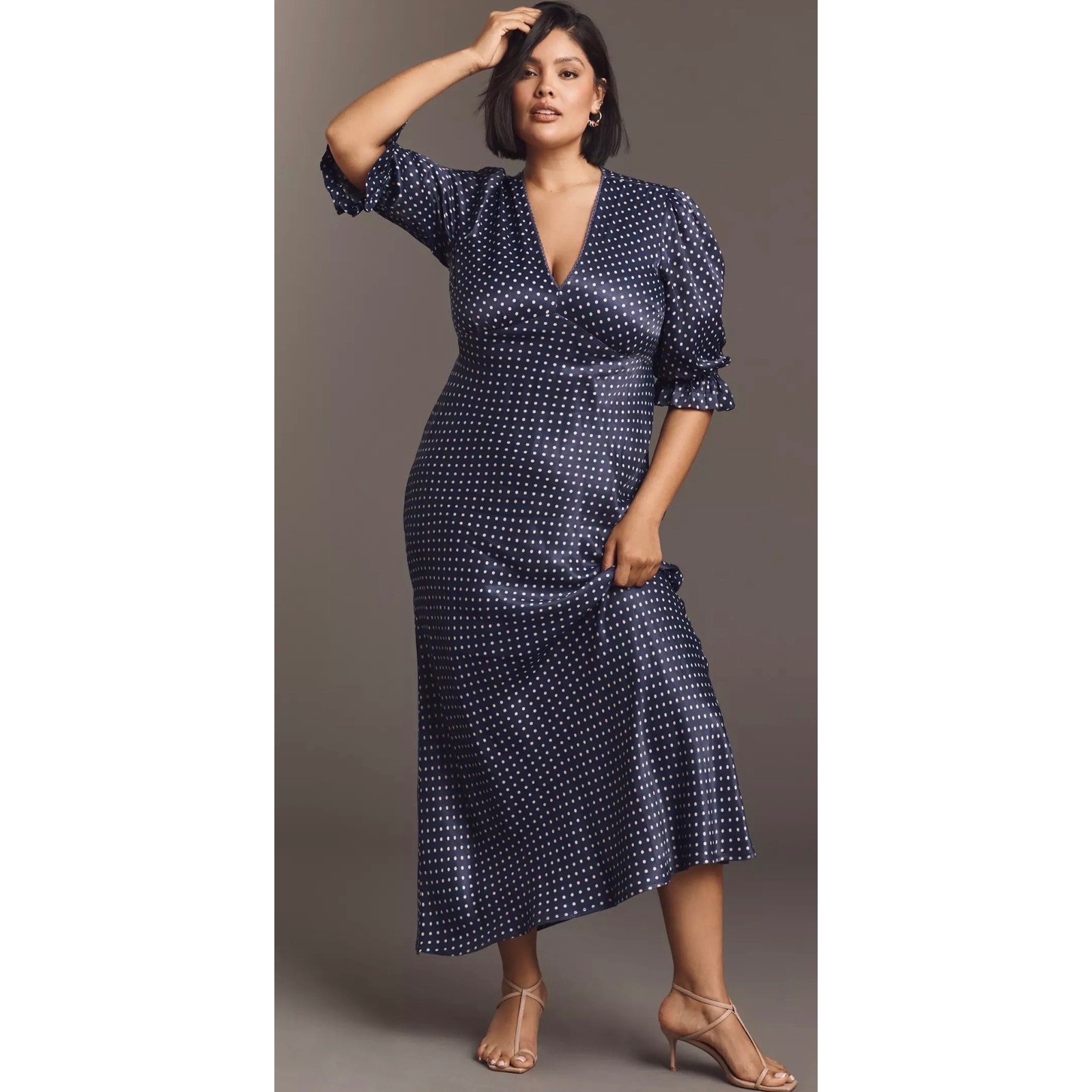 Anthropologie Conditions Apply V-Neck Maxi Dress Satin Polka Dots Size Petite S