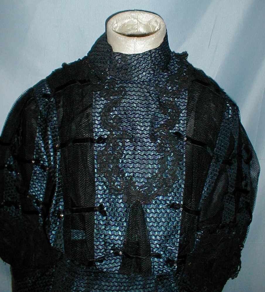Ornate Antique Dress Victorian 1890&rsquo;s Blue and Black Print Silk Lavish Trims
