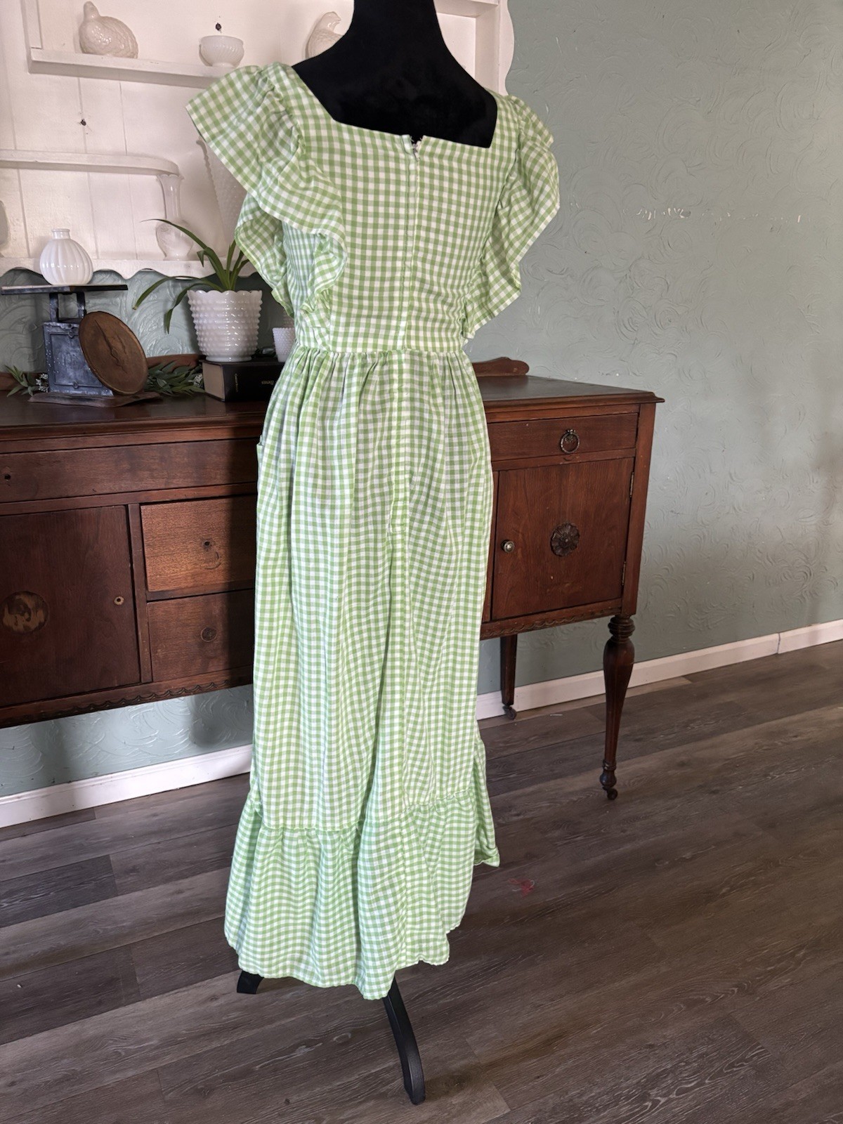 Vintage Cottagecore Light Green Gingham Prairie Dress Ruffle Sleeve Maxi