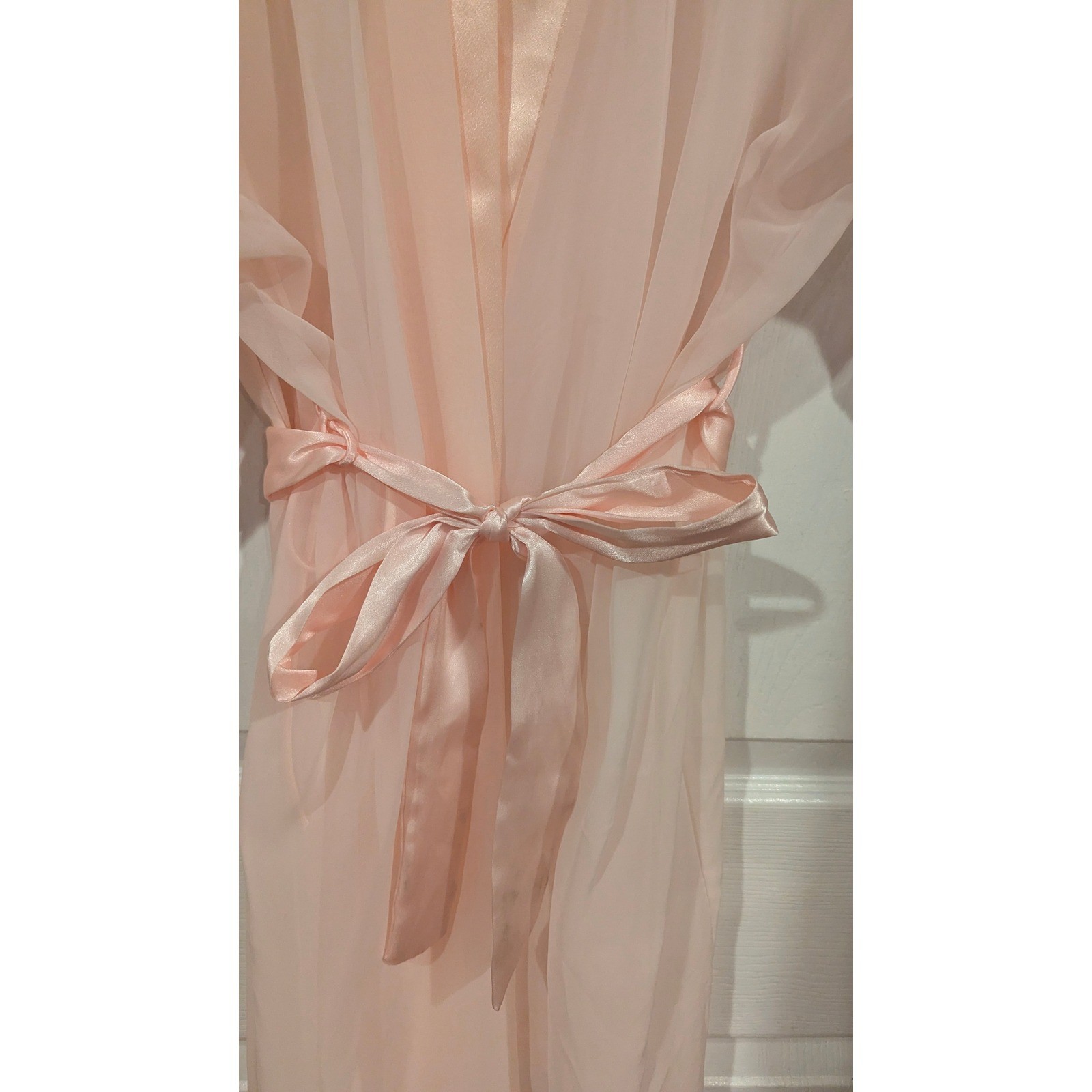 Cine Star Vintage Sheer Robe Medium Peach Satin Trim Belted Glamour Coquette