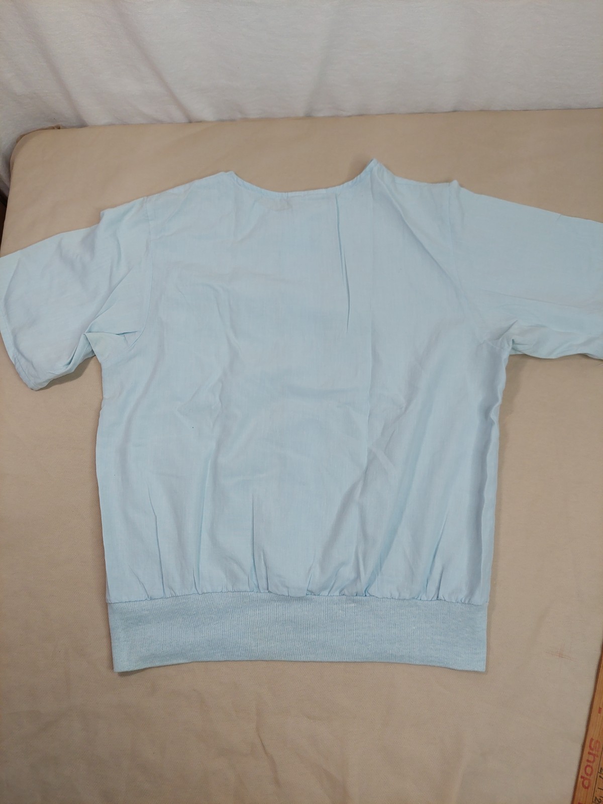 Vintage 80s Blue Blouson Blouse Buttons Banded Hem Dolman Sleeve Minimalist M