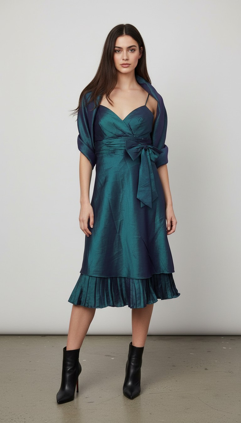 Vintage Petrol Teal Iridescent Satin Dress Matching Shawl Set Y2K Prom 8 6