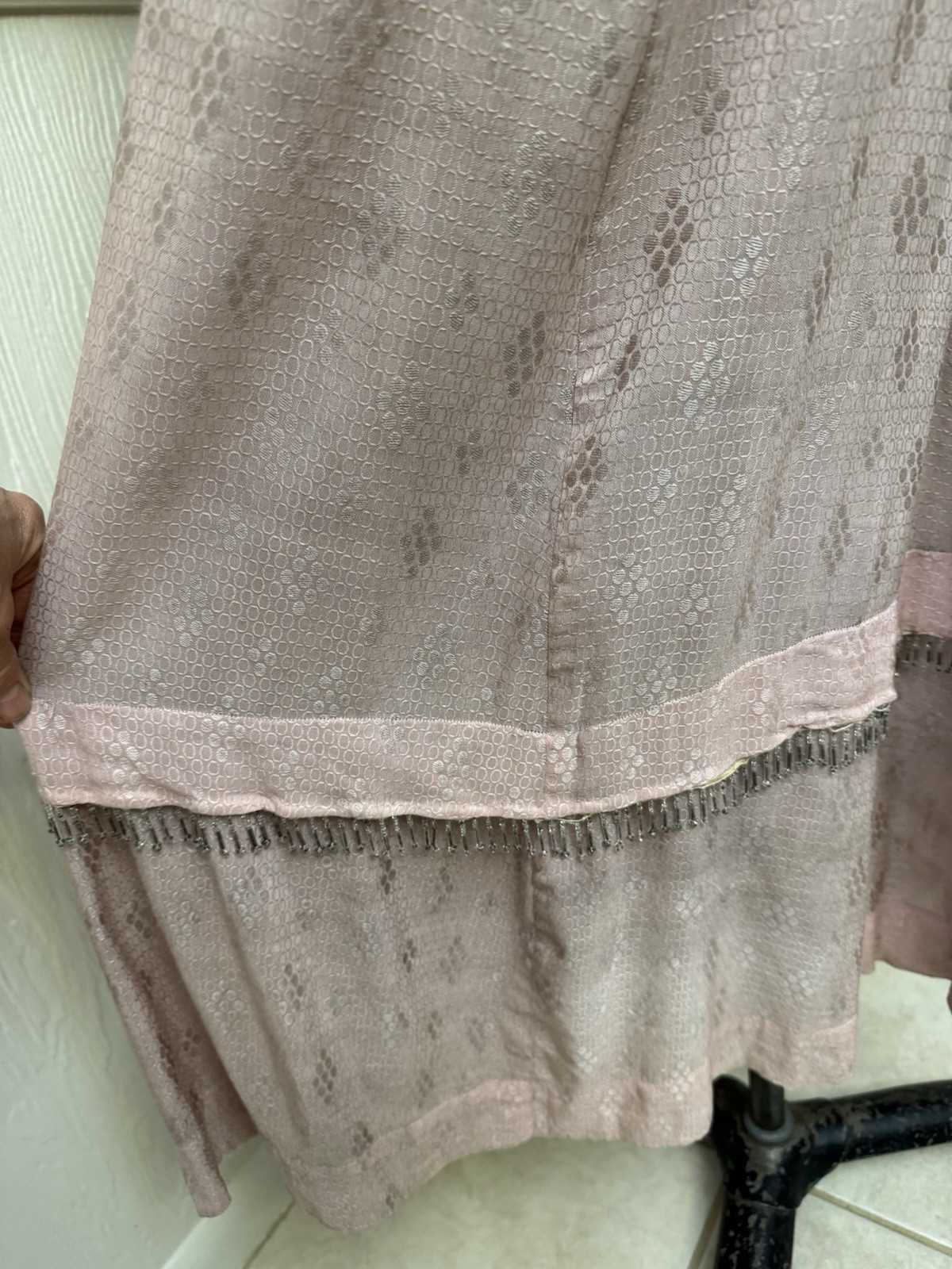 Vintage 1920s Pink Silk Jacquard Flapper Dress Soutache Bugle Bead Fringe Deco
