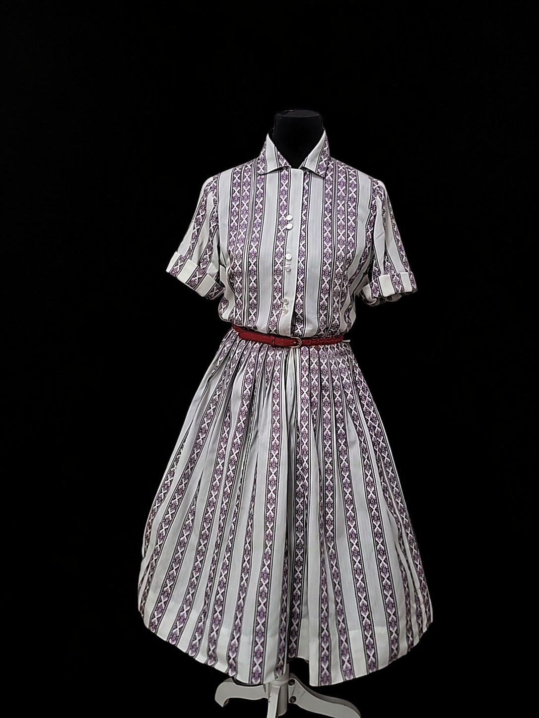 VTG&rsquo;50s Fashion First Striped Shirtwaist Mid Century Party Day Dress/Pleated