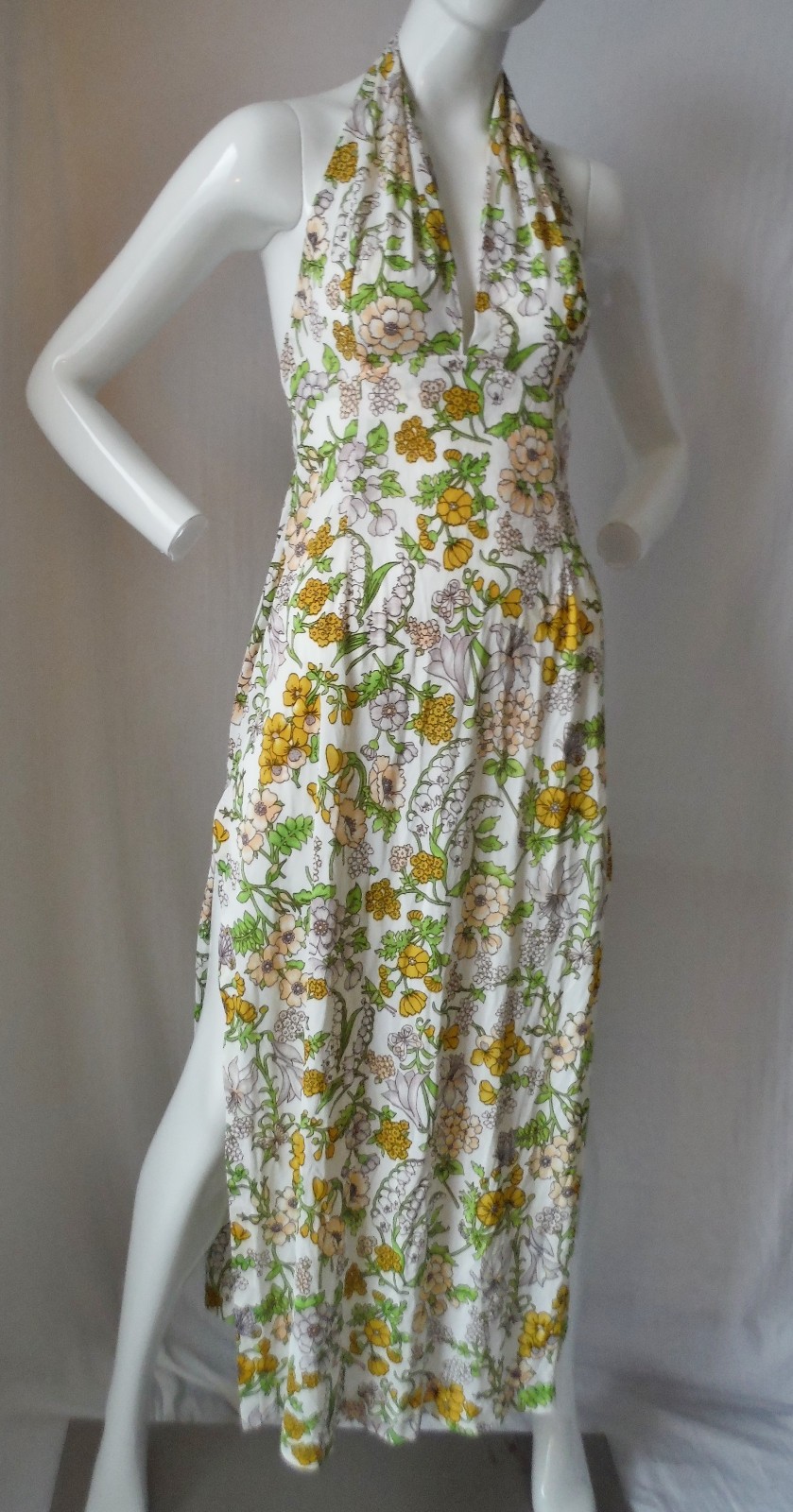 VTG 70s FREDERICKS of HOLLYWOOD Beautiful Halter Flower Dress High Side Slits XS