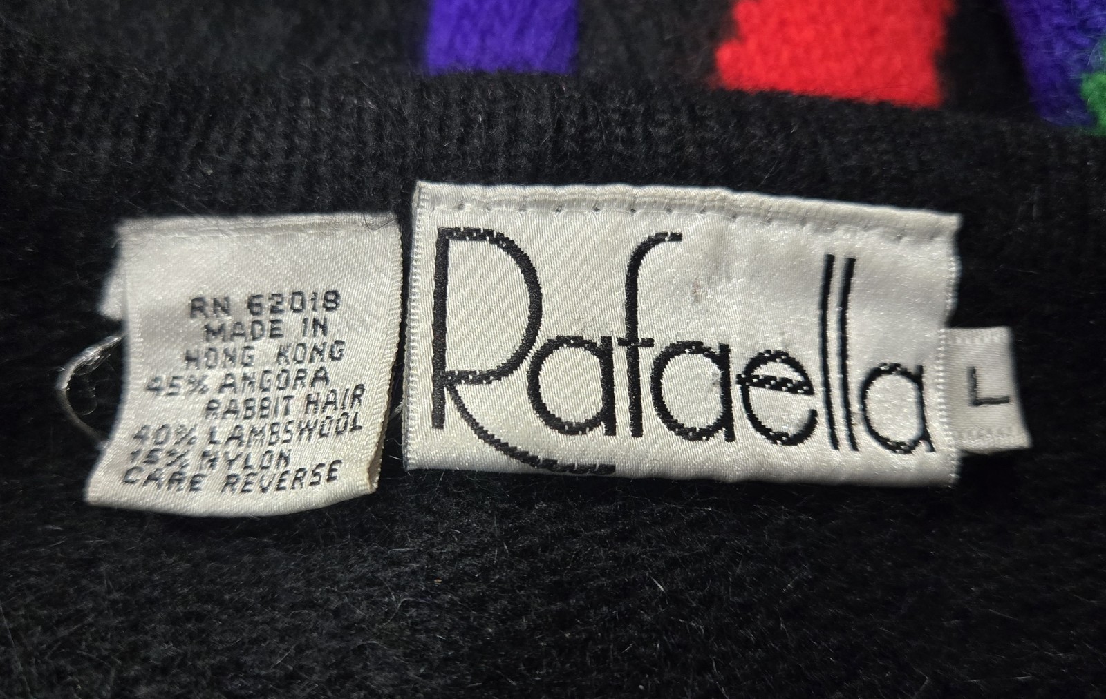 1980s RAFAELLA Angora Lambswool Sweater With Vibrant Abstract Design Size Large