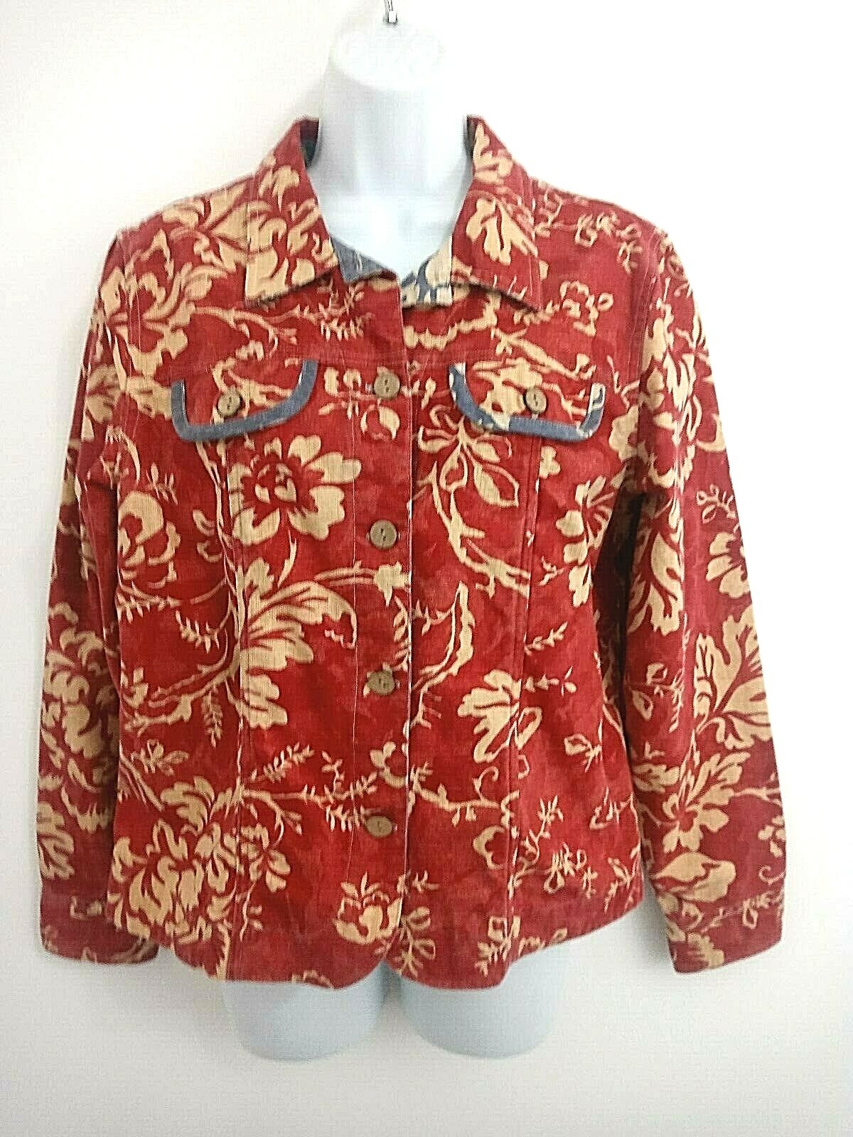 Vintage Coldwater Creek Jacket Womens M Medium Trucker Cotton Red Floral Cottage