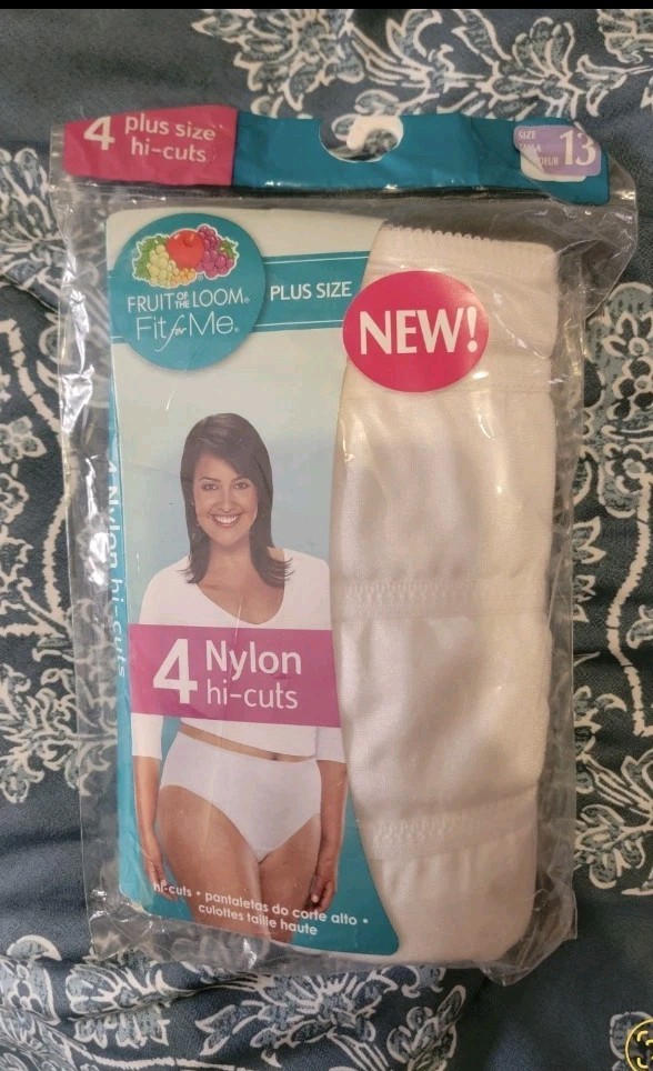 100% Nylon FRUIT OF THE LOOM White Panties 4 Pair Hi cuts Size 13 Plus 30W VTG
