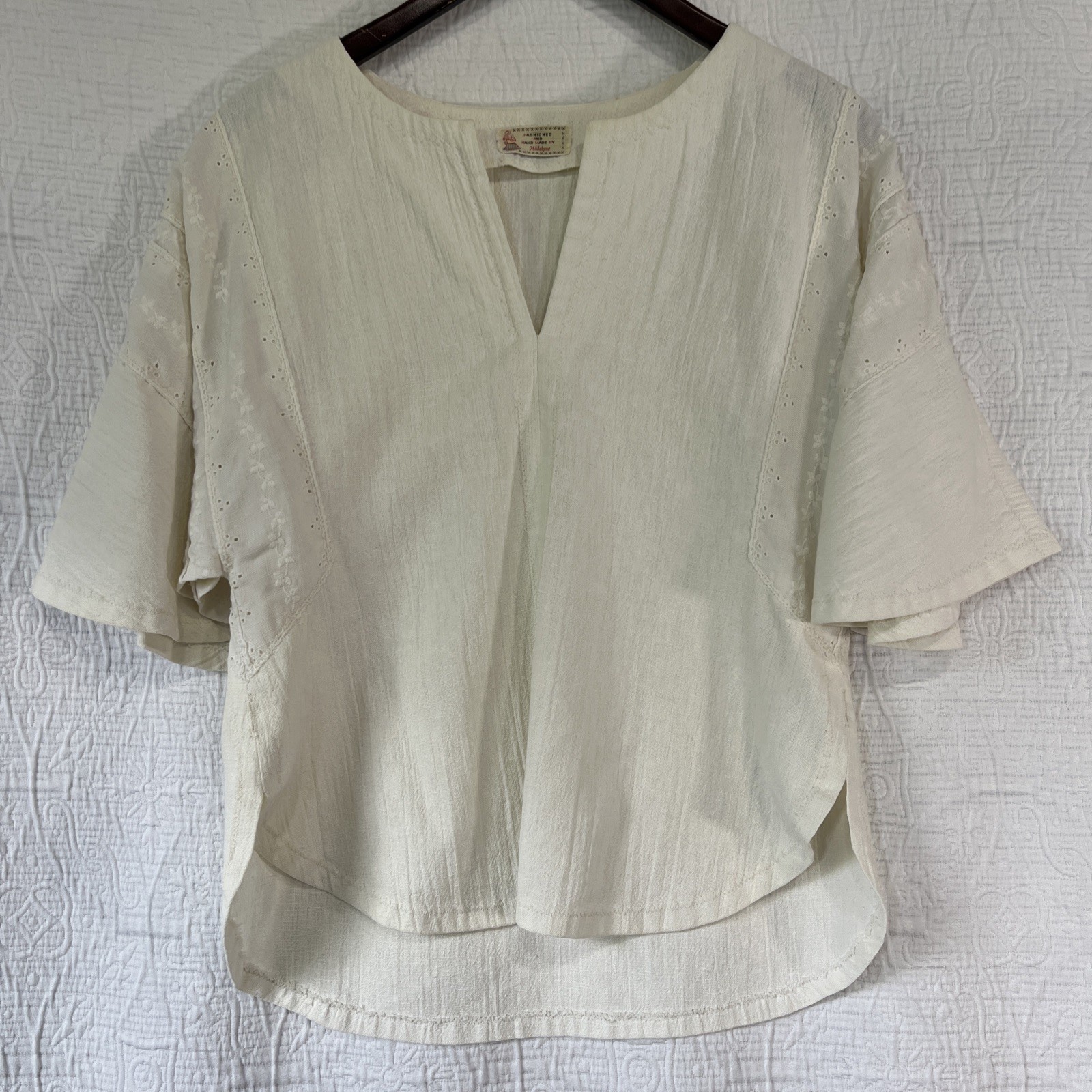 Vintage Fashioned And Handmade By Madelyne Cream Peasant Blouse Flutter Sleeve M