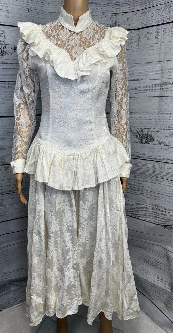VTG 80s Roper Rustic Ivory Lace Jacquard Prairie Victorian Dress Womens 5/6 USA