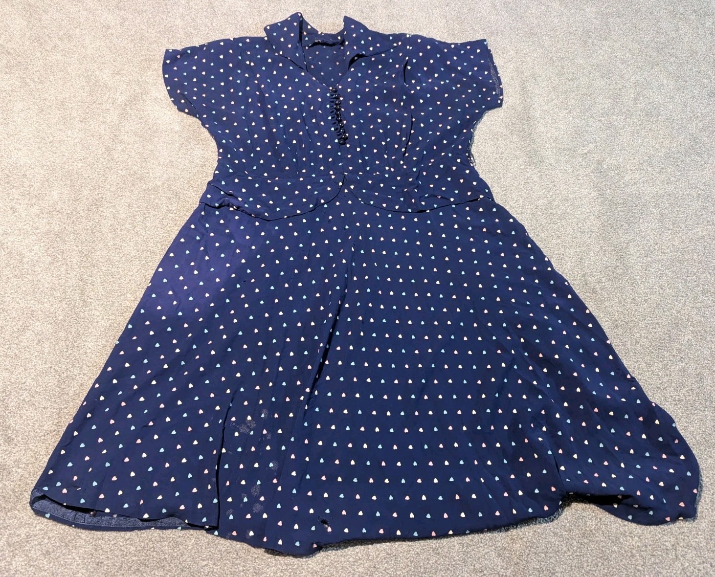 Vintage 1940s Dress Womens XL? Blue Heart Polka Dot All Over Print Flared