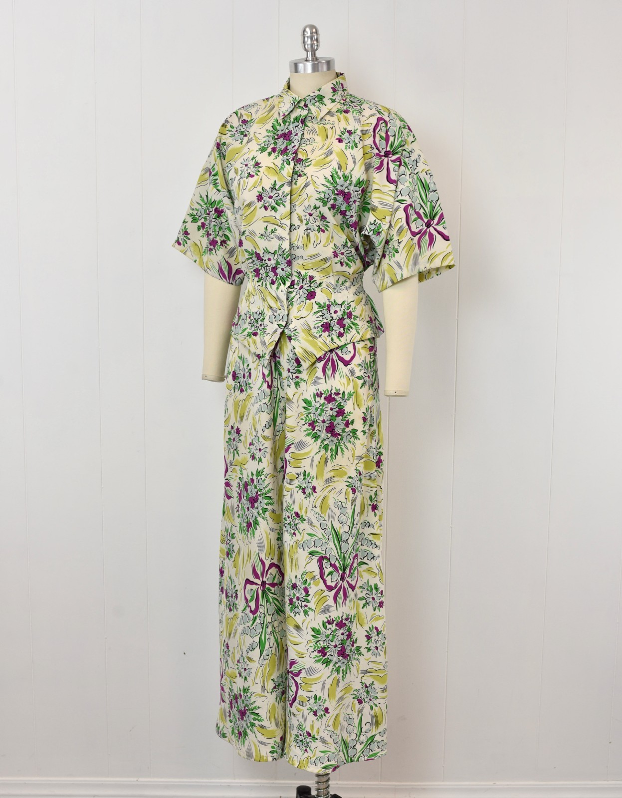 Vtg 1980s Norma Kamali Floral Ribbon Novelty Print Blouse Palazzo Pants Set