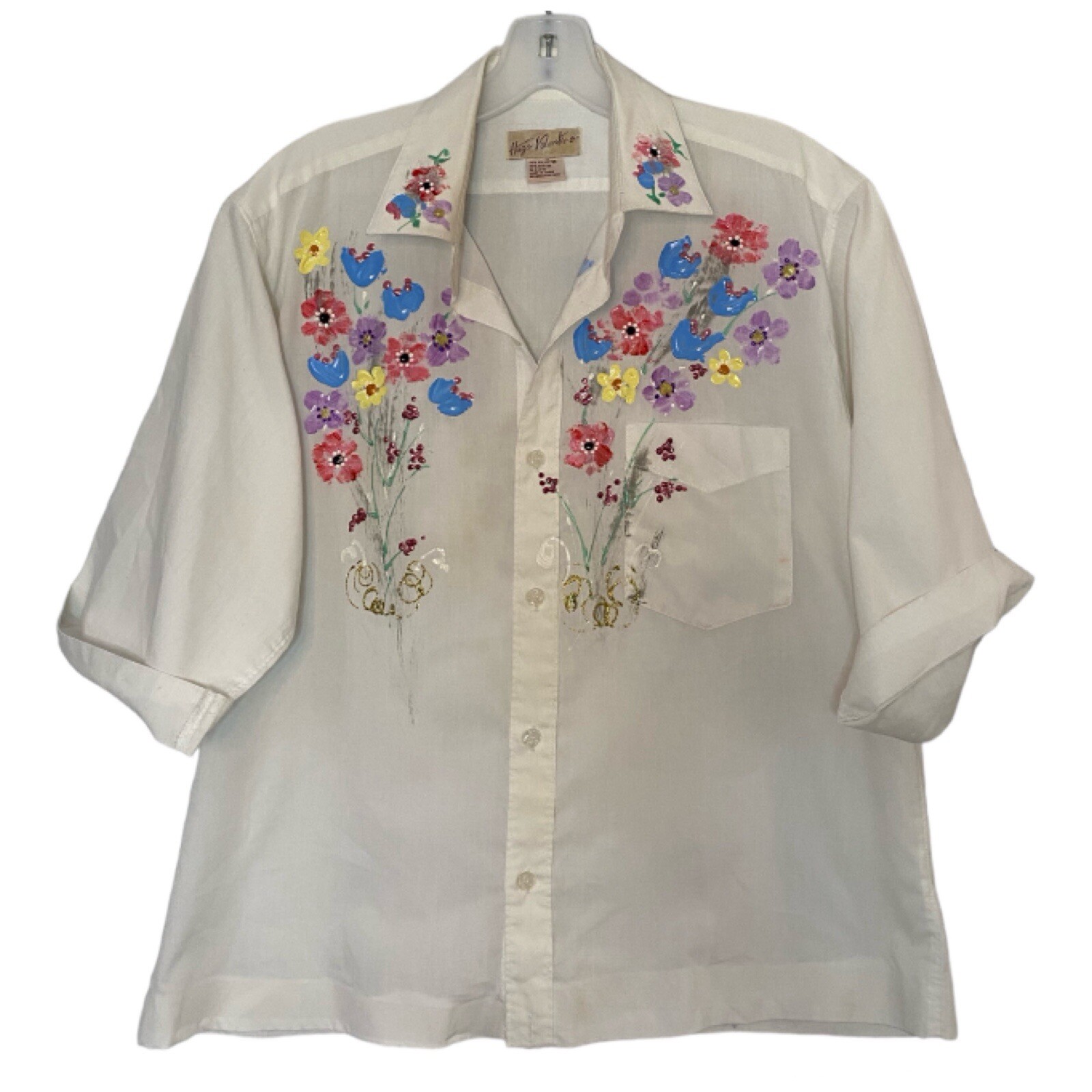 Hugo Valentino 80’s VTG Paint Art Floral White Button Down Shirt Cotton Cottage