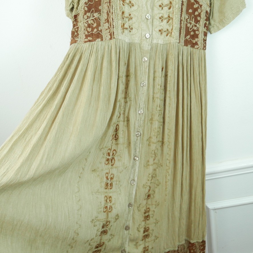 Vintage 90s XL Maxi Dress Embroidered Crinkle Festival Grunge Renaissance Button