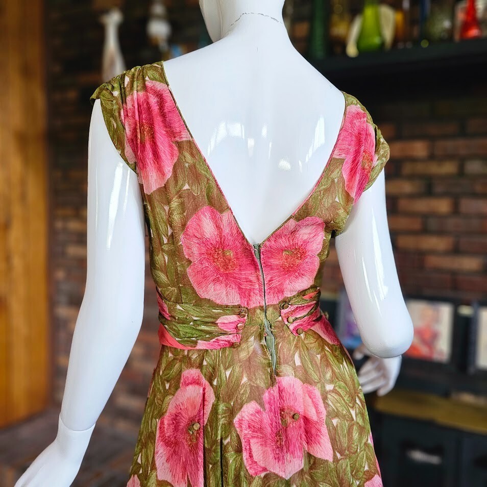 Vtg 40s Chiffon Pink & Green Impressionist Floral Full Swing Skirt w/ Bolero M