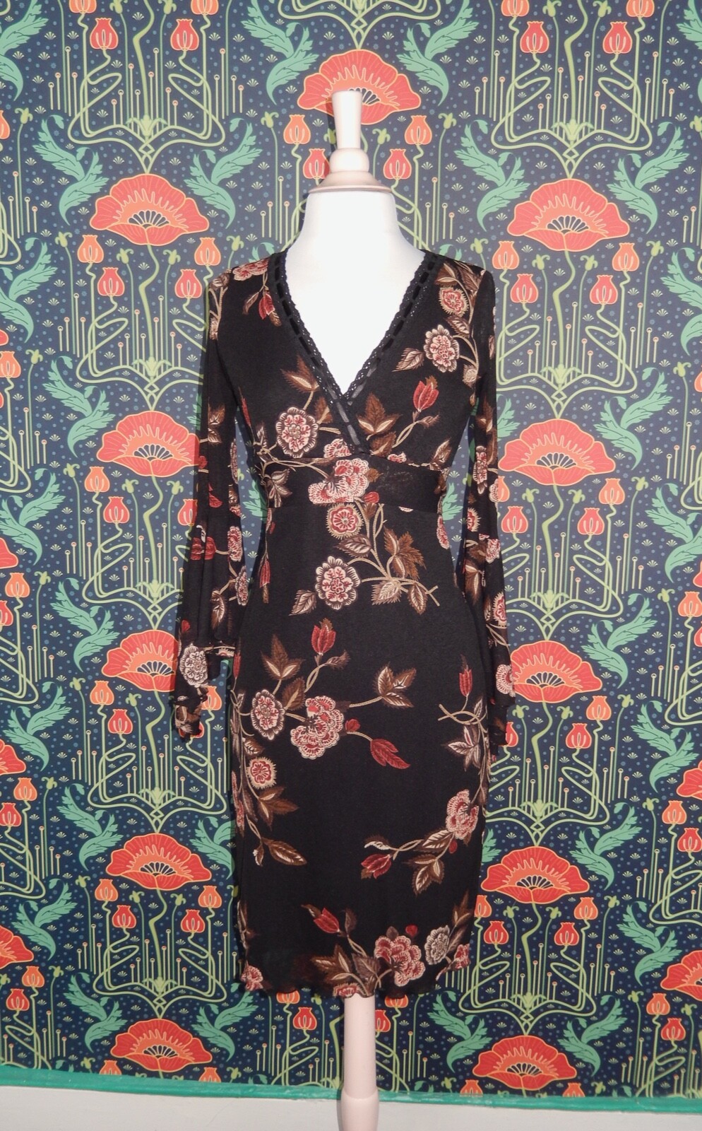 Vintage Y2K Trixxi Dress Whimsigoth Black Floral Knit Bell Flare Sleeve V Neck