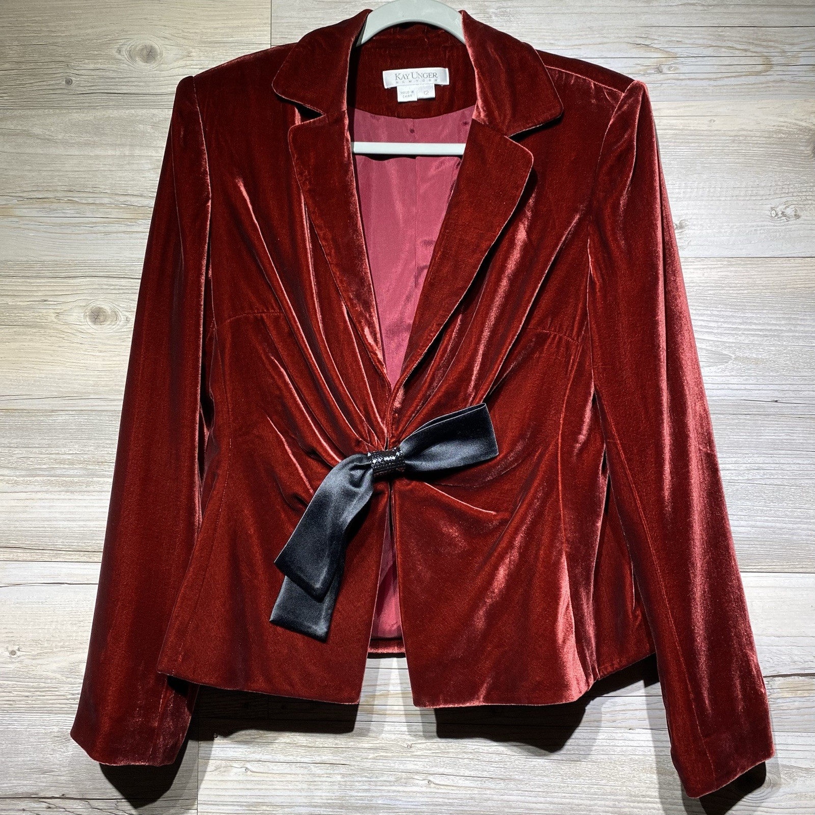 Vintage Kay Unger Red Velvet Jacket Rayon Silk Blend Size 12 Bow Dark Romantic