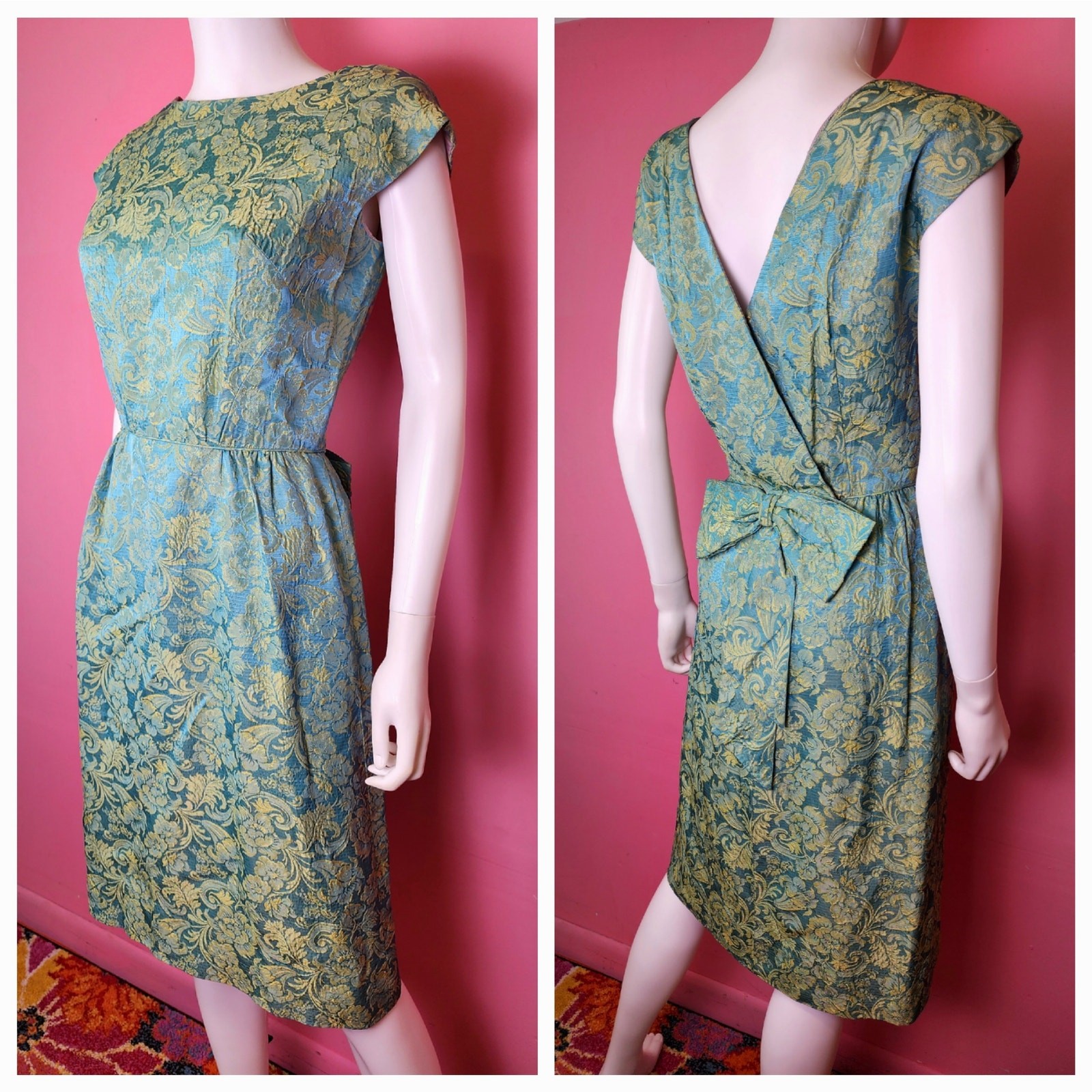Vintage 1950&rsquo;s Mint Gold Brocade Sheath Dress Low Back with Bow by R&K Originals