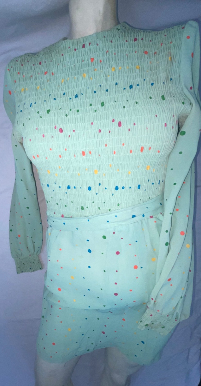 VTG 60s 70s WOMENS S GREEN POLKA DOT DISCO RETRO CUTE FUN PARTY DRESS