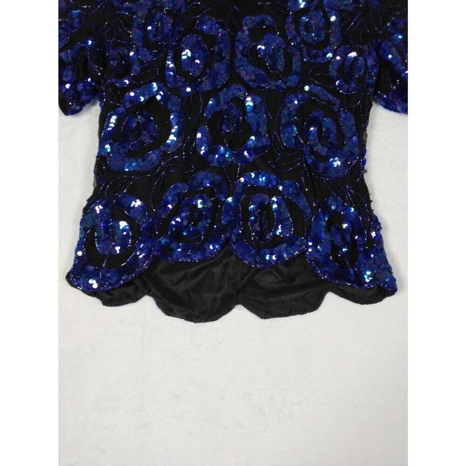 Stenay Vintage Silk Sequin Beaded Evening Top Royal Blue Black Scalloped Hem L