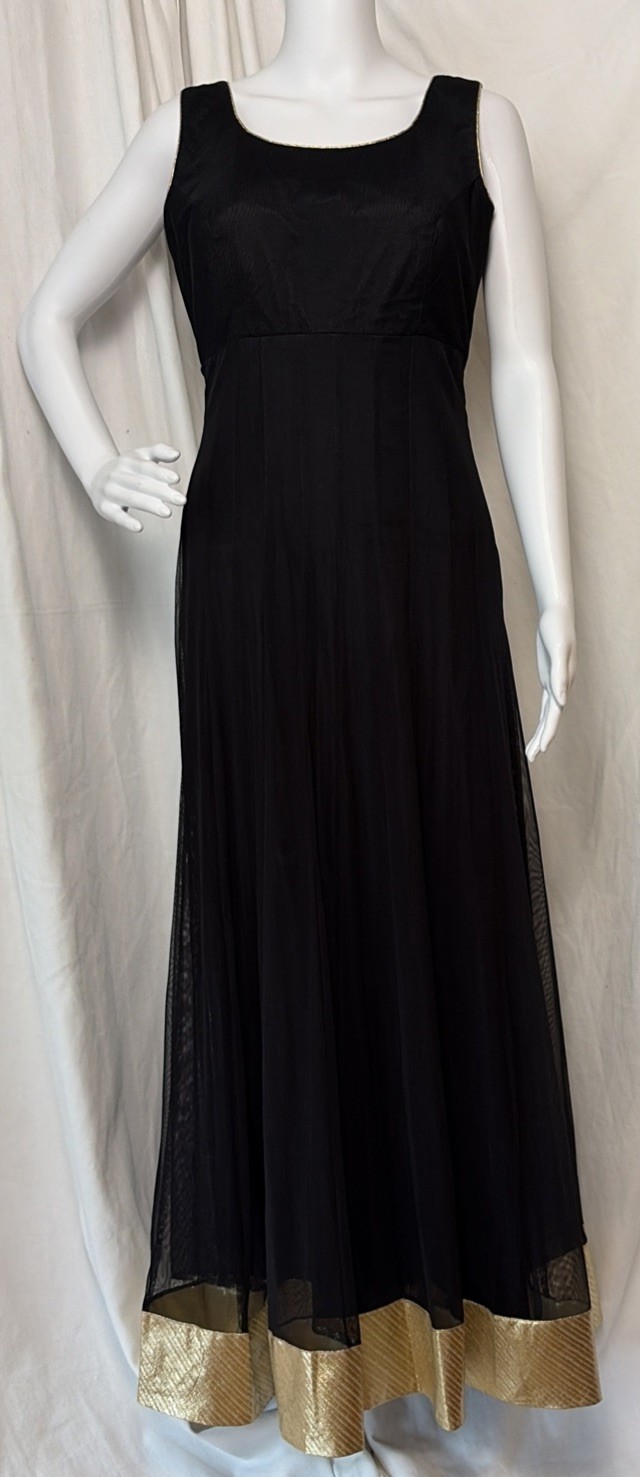 Vtg 60s 70s Black Gold Lame Grecian Goddess Gauzy Sleeveless Maxi Dress SZ S/M