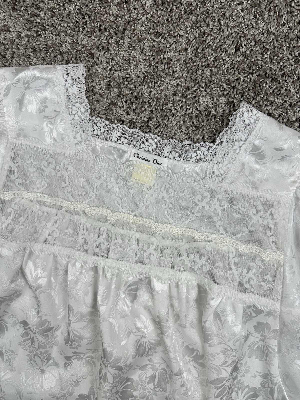 VTG CHRISTIAN DIOR Nightgown Womans M White Jacquard Satin Lace Slip Bridal Gown