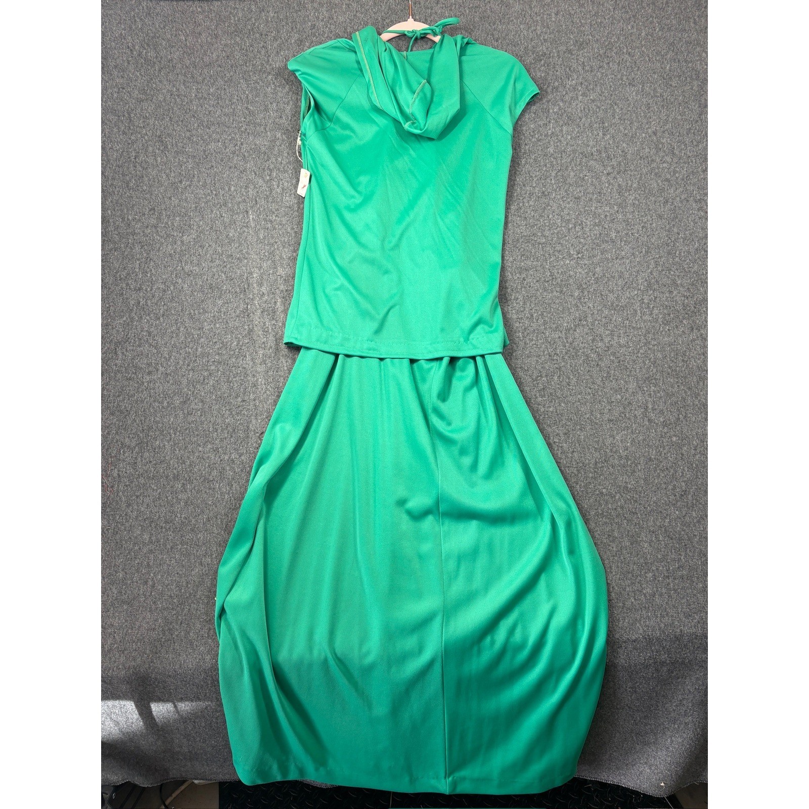 Vintage 70s Emerald Green Hooded Shrug and Maxi Dress Set Size 9 Disco Retro