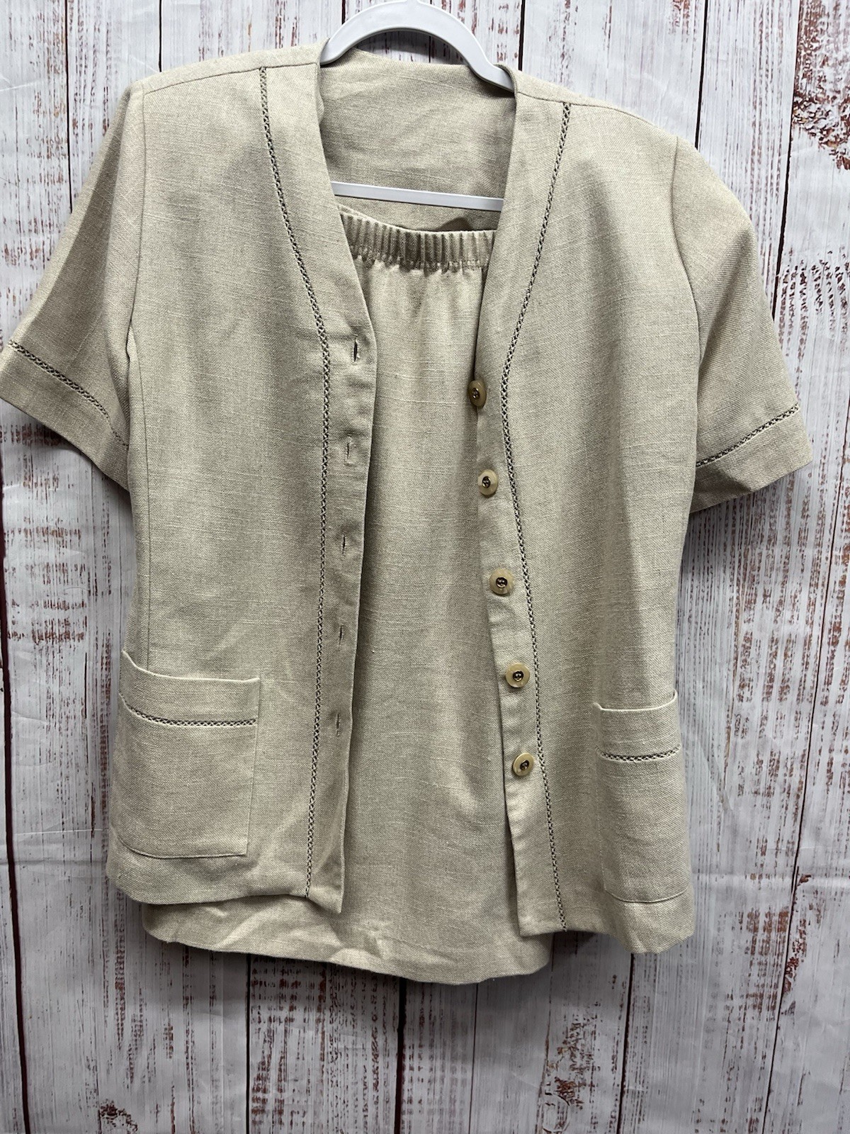 Southern Lady Cream 2 Piece Skirt Set Womens 8 Short Sleeve Button Up Vintage