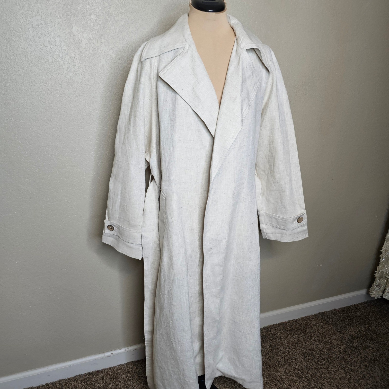 NWT Mango 100% Linen Trench Coat Oatmeal Beige Longline Belted Duster XS S M