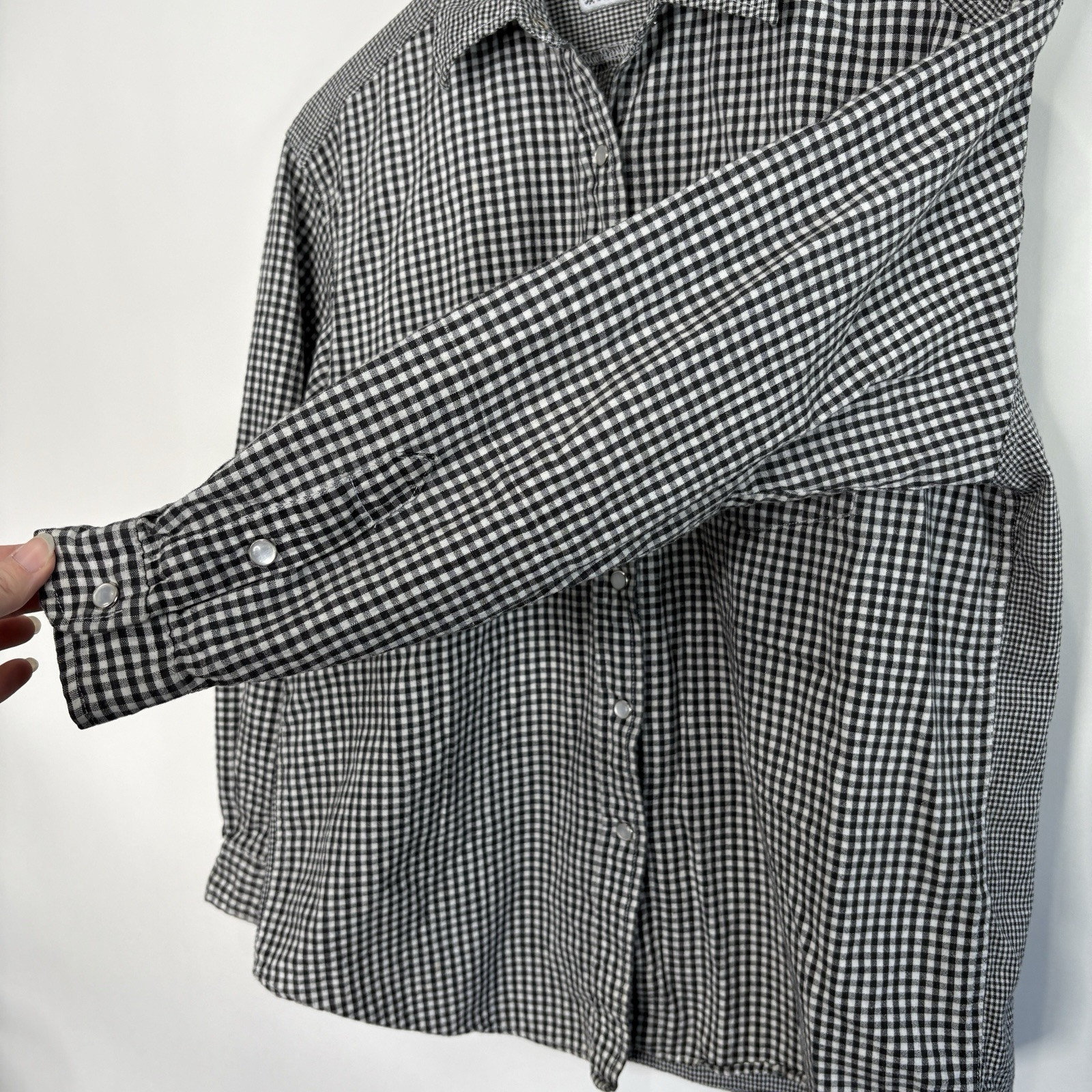 Vintage Bonjour Button Up Gingham Plaid Black White Long Sleeve Womens size M