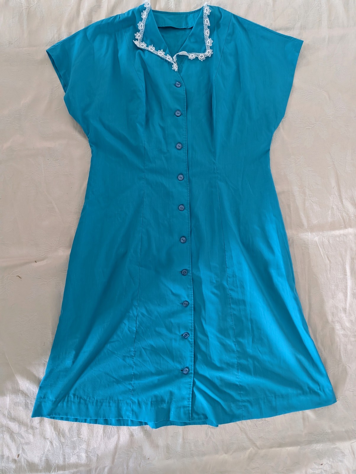 VTG 50s Handmade Blue A-Line House Dress Button Front Lace Collar Cottagecore