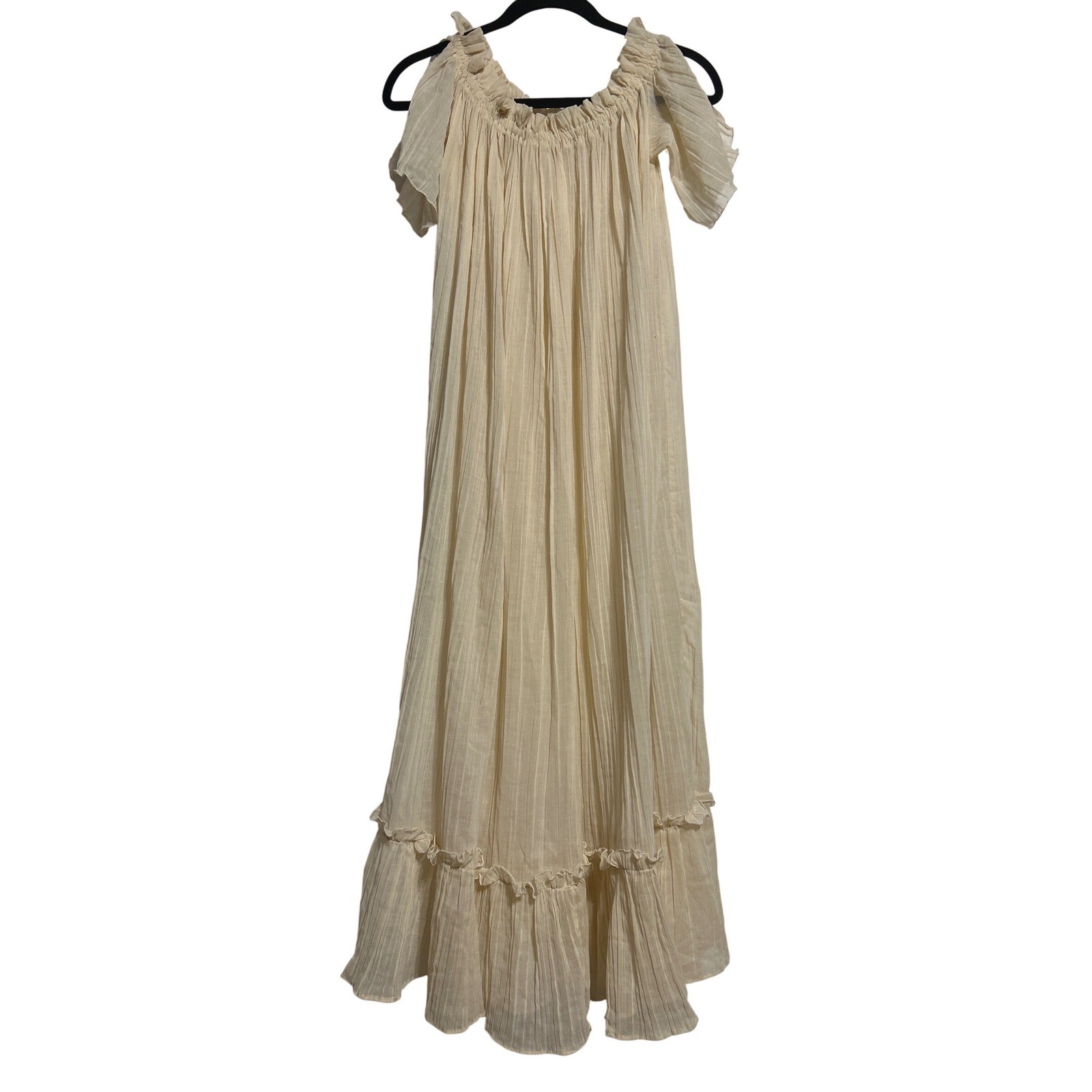 VTG Split Shoulder Sheer Ruffled Night Gown Cream Women&rsquo;s 16&Prime; Wide 48&Prime; Long