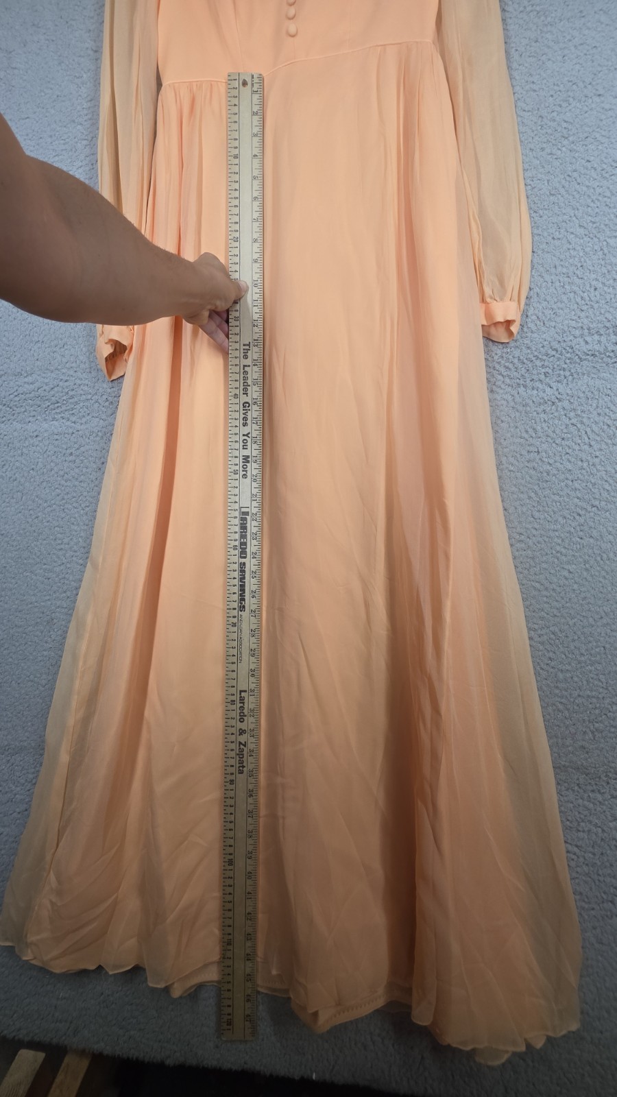 1970s Dress Size 4 Peach Silk Chiffon Long Sleeve Maxi Bridesmaid Vintage