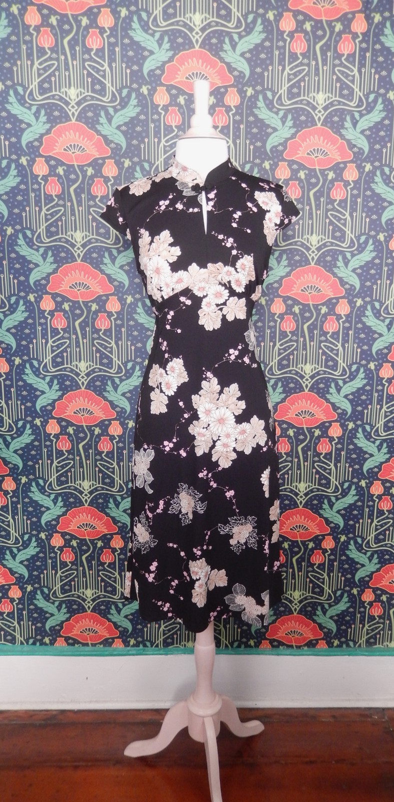 Vintage Y2K Black Asian Cherry Blossom Print Cheongsam Whimsigoth Grunge Dress