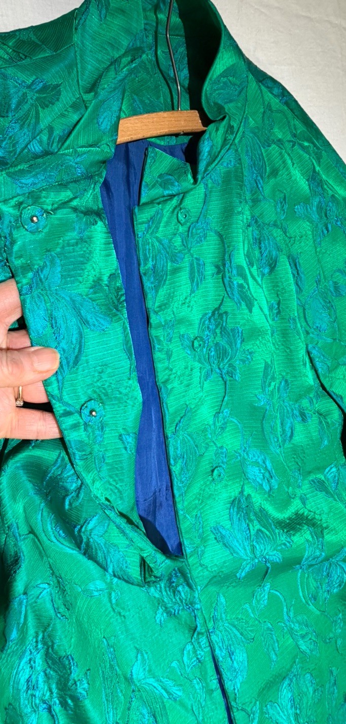 Vintage Custom Tailored Teal Green Blue Jacquard Floral Long Opera Cape-One Size