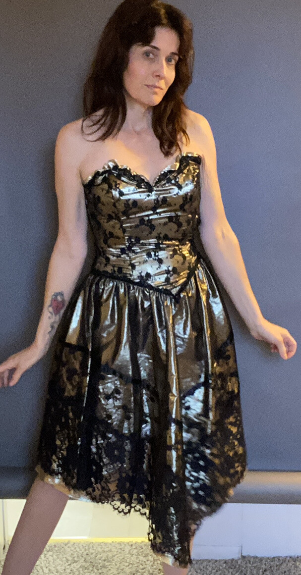 VTG New Leaf by Samir XS 0 2 Gold Black Metallic Party lace Dress Strapless