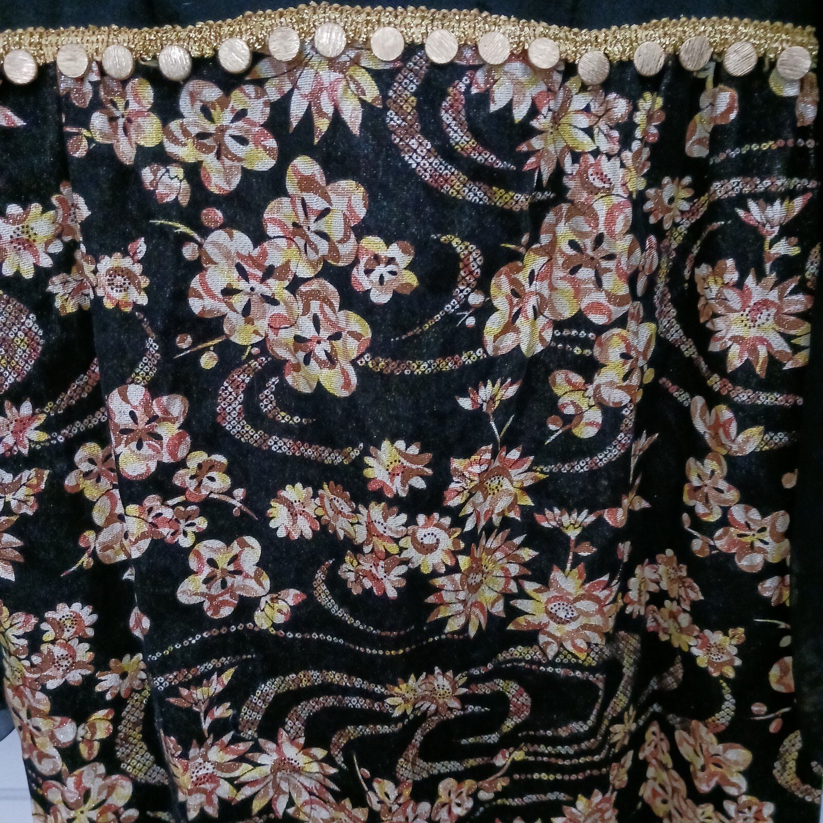 Vintage 60s 70s Hostess Dress Black Floral Long Size Small Mod Gold Metallic