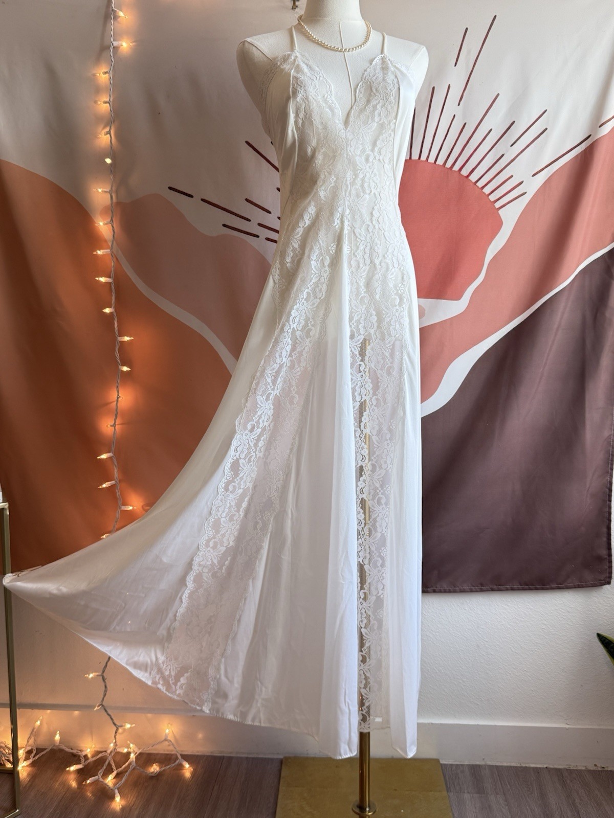 Vintage 80&rsquo;s Val Mode Nightgown White Lace Nylon Slip Dress Long Maxi Sz S